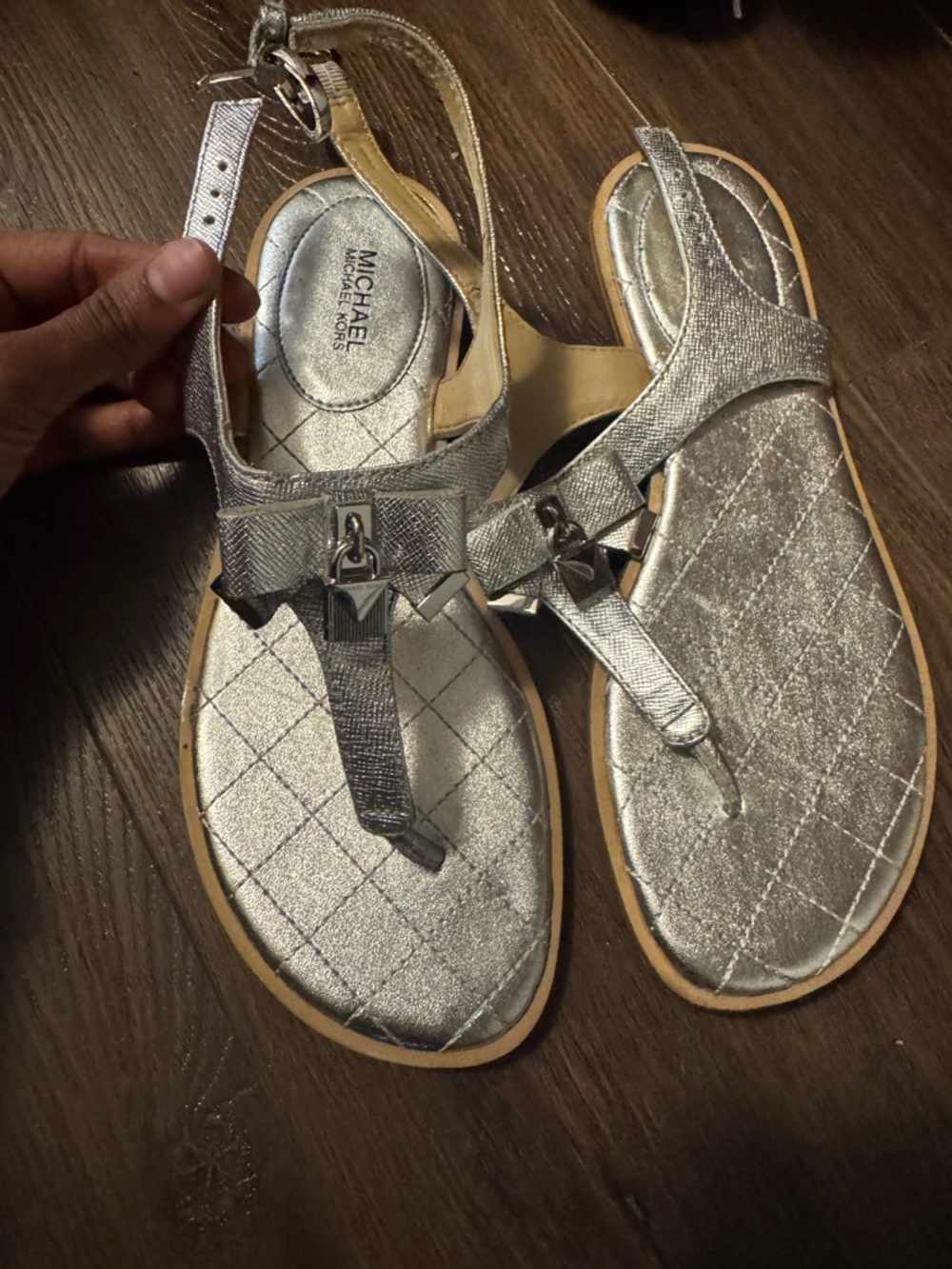 MICHAEL Michael Kors Metallic Silver Quilted T-Strap Sandals